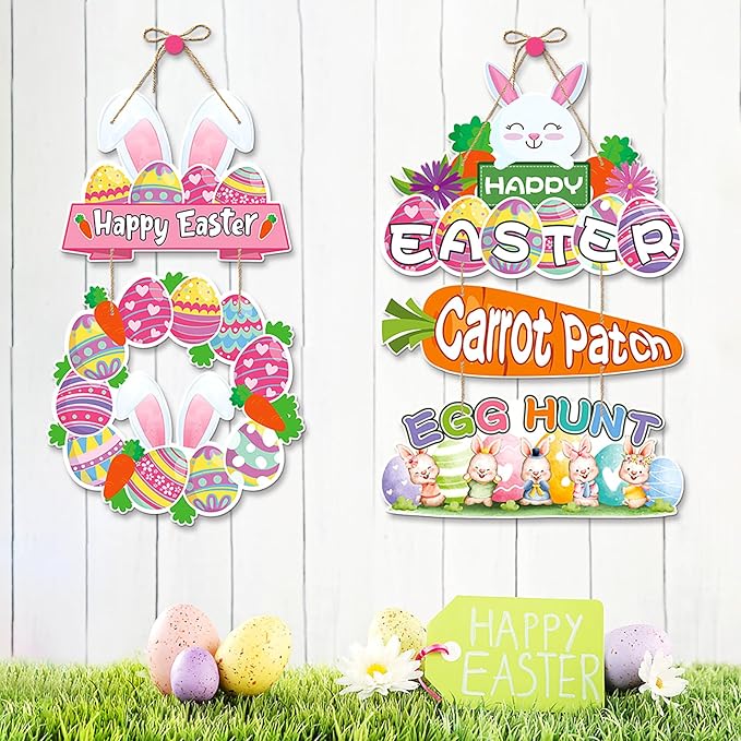 Easter Egg Bunny Home Front Door Hanger Decor 4pcs Pastel Rainbow