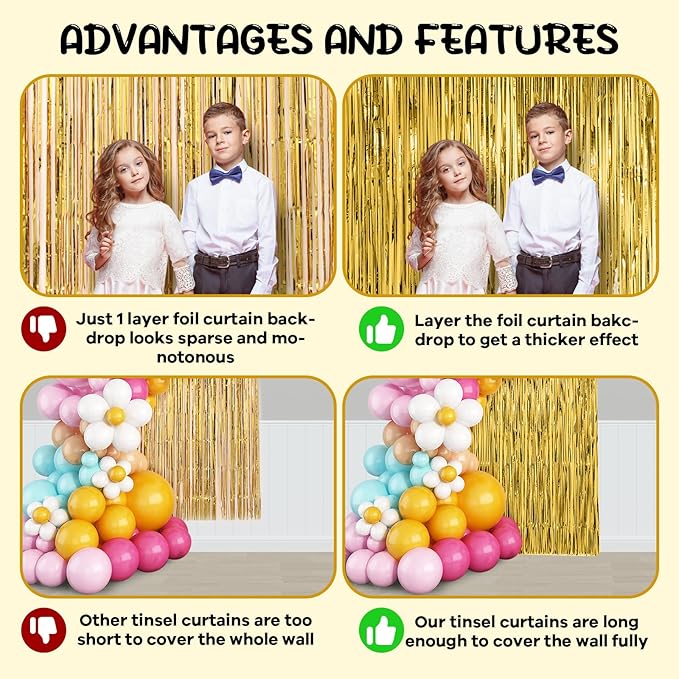 Voircoloria 2 Pack Gold Foil Fringe Backdrop Curtains, Tinsel