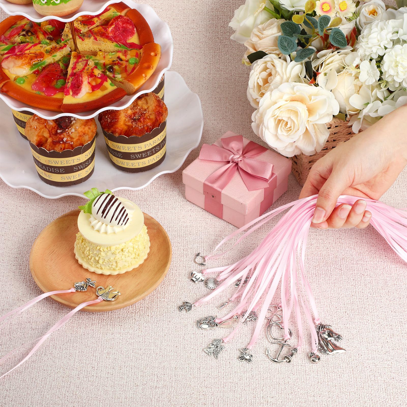 Solsew 20 Pcs Coquette Cake Pulls on Ribbon Decorations Tradition Pink