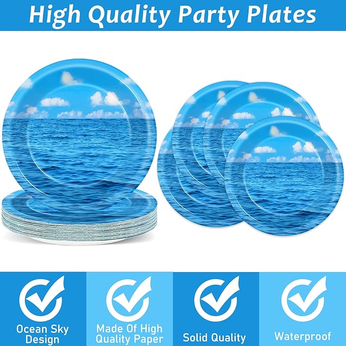 96Pcs Summer Ocean Plates and Napkins Under the Sea Bubbles Blue Sky