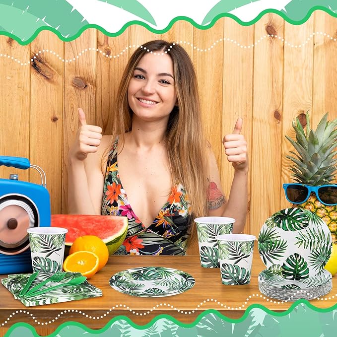 350 Pcs Luau Party Supplies Hawaiian Tropical Palm Leaves Tableware