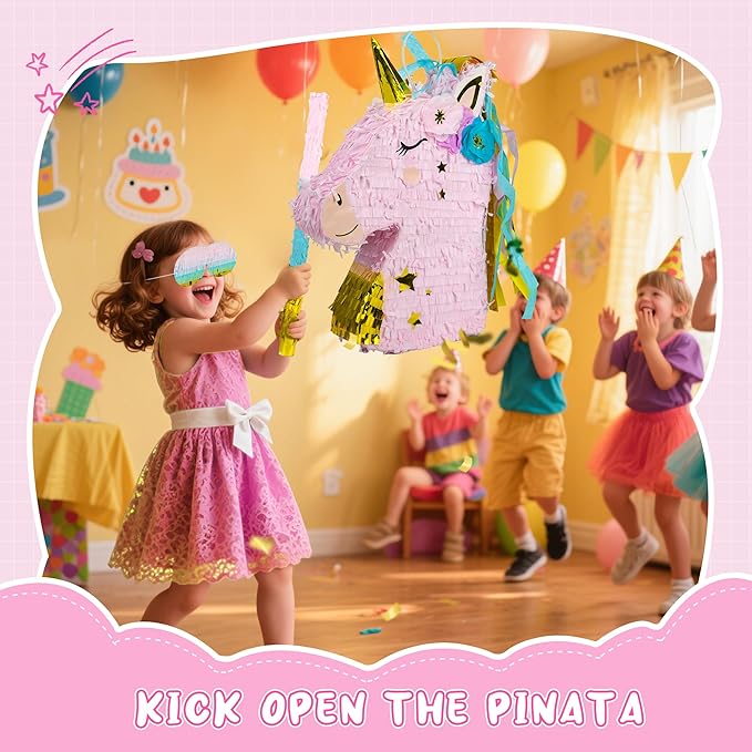Small Unicorn Pinata Pink Gold with a Blindfold a Bat and Confetti
