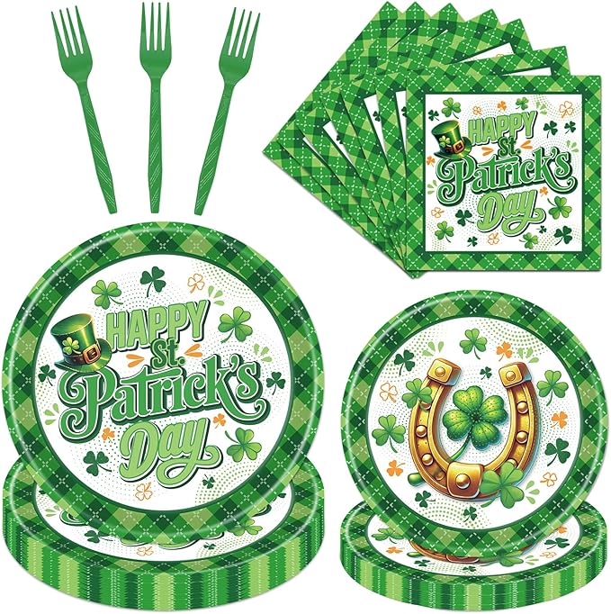 St Patricks Day Plates and Napkins Decorations 96PCS Lucky Green