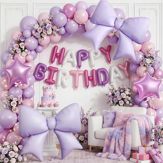 Pink Purple Happy Birthday Balloon, 38Inch Bow Aluminum Foil