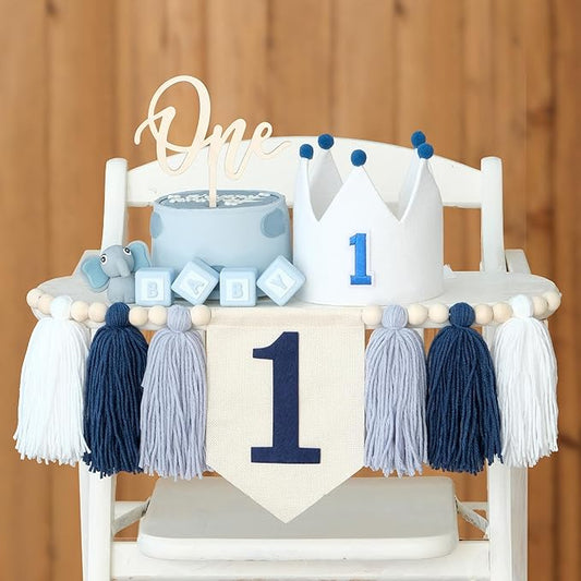 1st Birthday Decoration Blue And White High Chair Banner For Boy