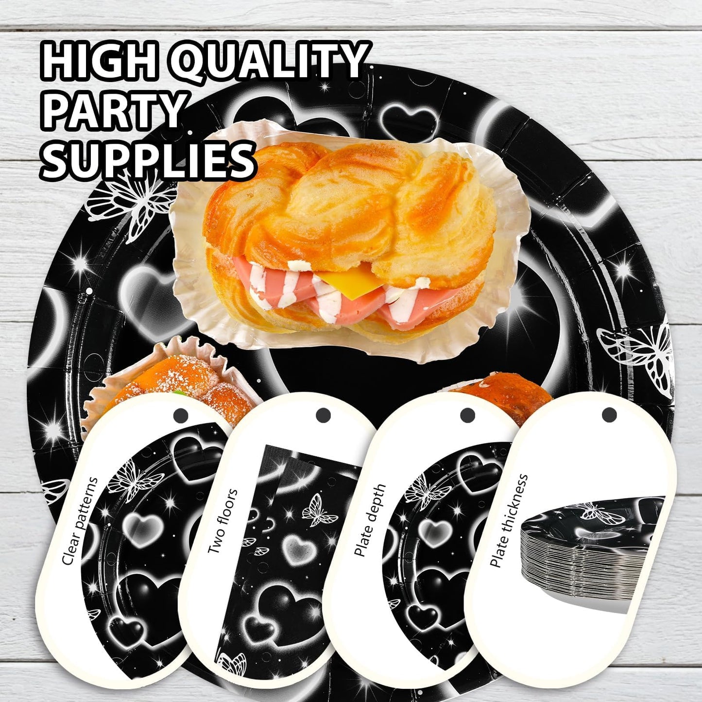 Grencian 96 Pcs 2000s Party Plates and Napkins Black Heart Tableware