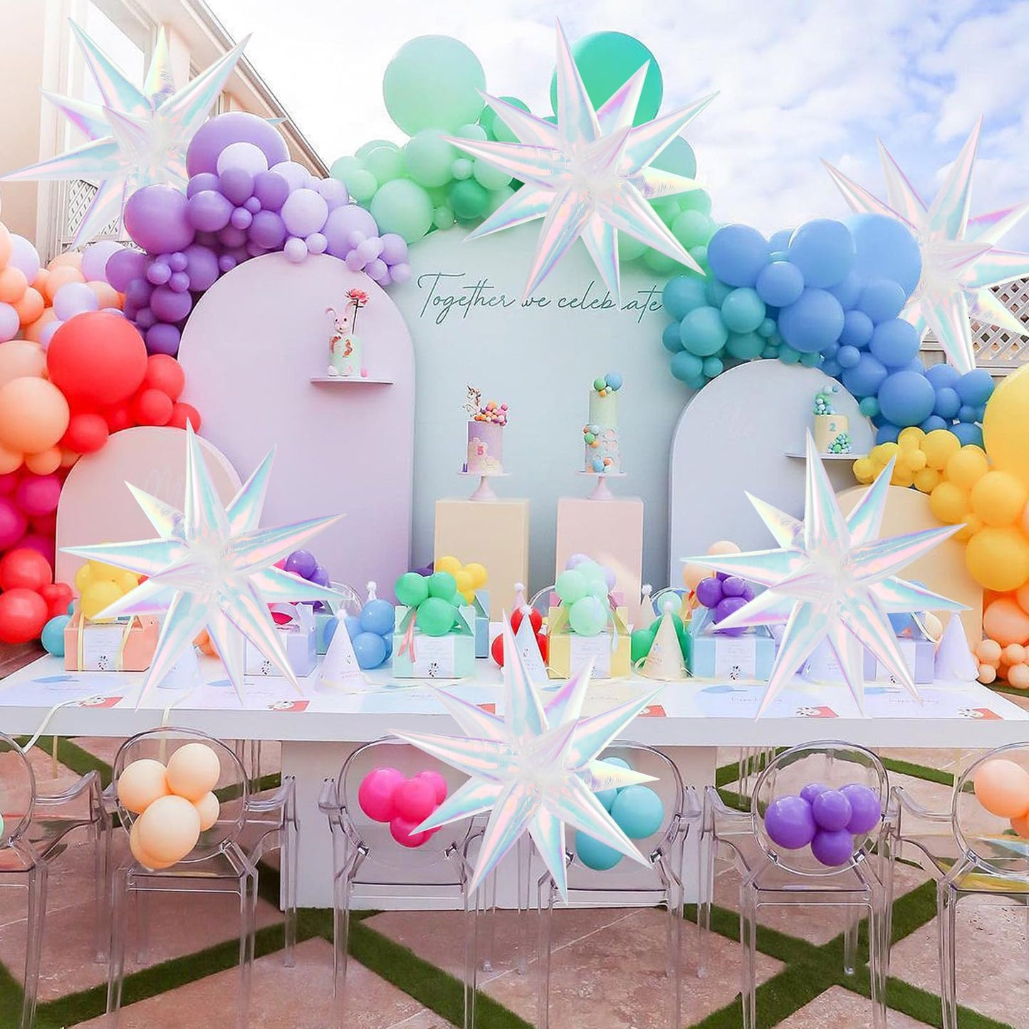 74 PCS Iridescent Star Balloons Foil, 26 Inch Explosion Cone Balloons