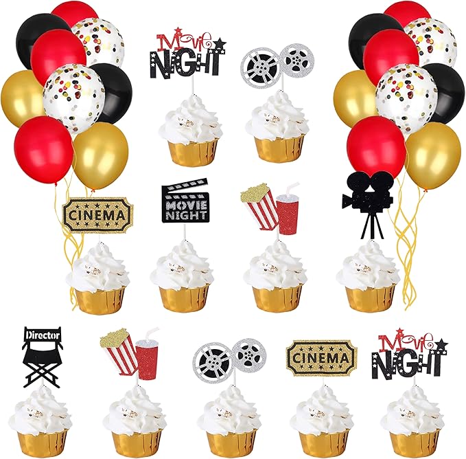 Movie Night Decorations Popcorn Star Foil Balloons Cupcake Toppers