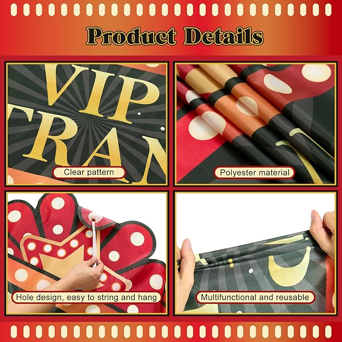 3 Pcs Casino Movie Night Porch Sign Banner with Black Foil Fringe