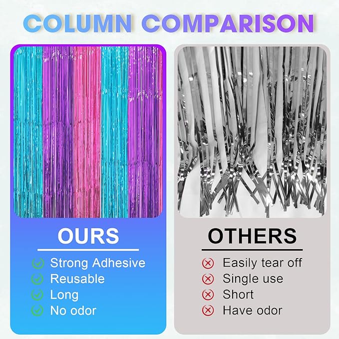 Voircoloria 3 Pack 3.3 x 8.2 ft Blue Purple Pink Foil Fringe Backdrop