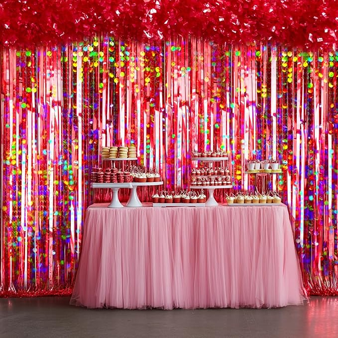 4 Packs Red Foil Fringe Curtain, Red Glitter Metallic Tinsel Backdrop