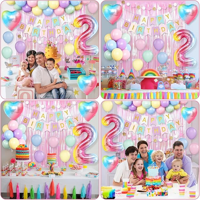 2nd Birthday Decorations Rainbow Gradient Number 2nd Balloon Pastel