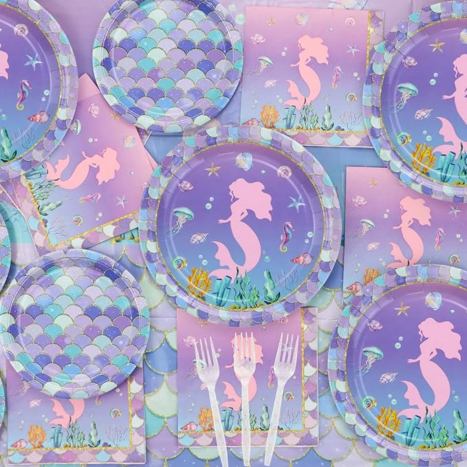 Mermaid Party Decorations 81Pcs Fish Scale Party Tableware Set Under