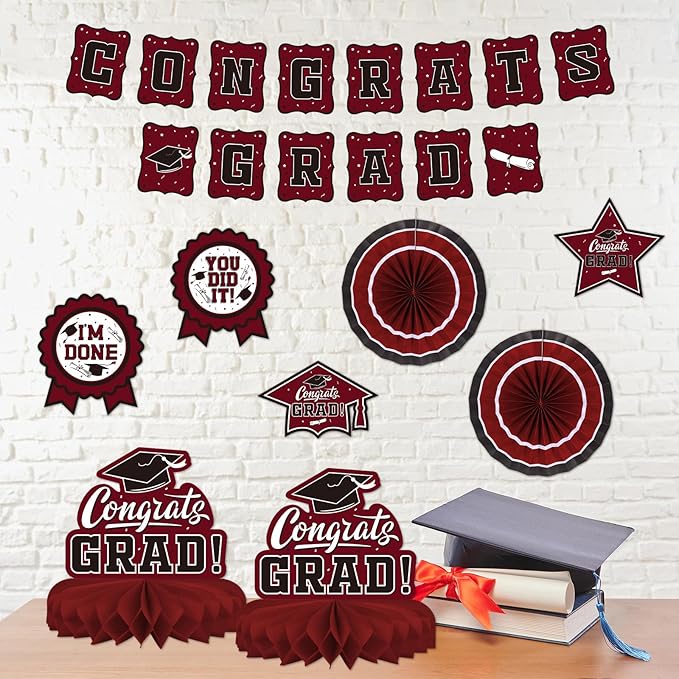 Maroon Themed 2026 Graduation Decorations Set - Congrats Grad Banner,