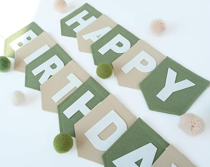 Felt Green Khaki Happy Birthday Banner Pastel Wild One Birthday