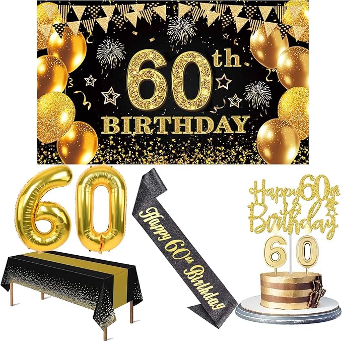 60th Birthday Decorations Men Women with 60th Birthday Banner Black