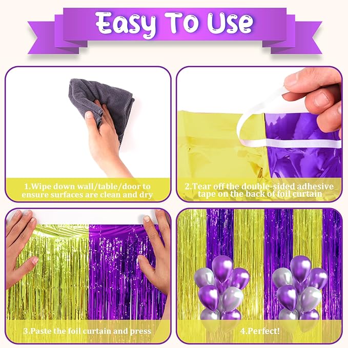 Voircoloria 3 Pack 3.3 x 8.2 ft Purple and Gold Foil Fringe Backdrop