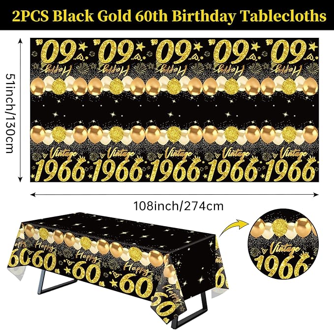 Uiorgui 2pcs 60th Birthday Tablecloth, Black Gold 60th Birthday