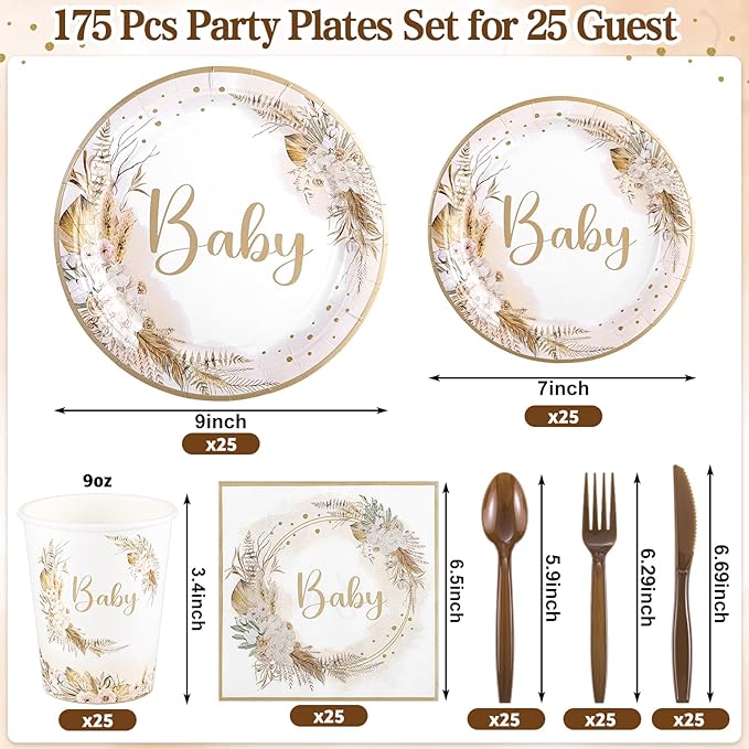 175 Pcs Boho Baby Shower Decorations, 25 Guest Baby Shower Plates and