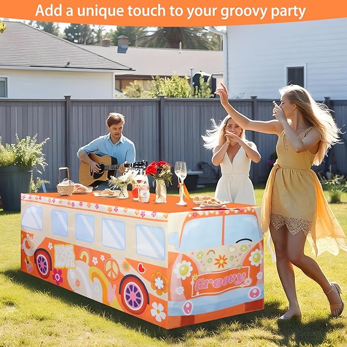 4Ft Groovy Bus Tablecloth,Hippie Birthday Party Decorations for 60s