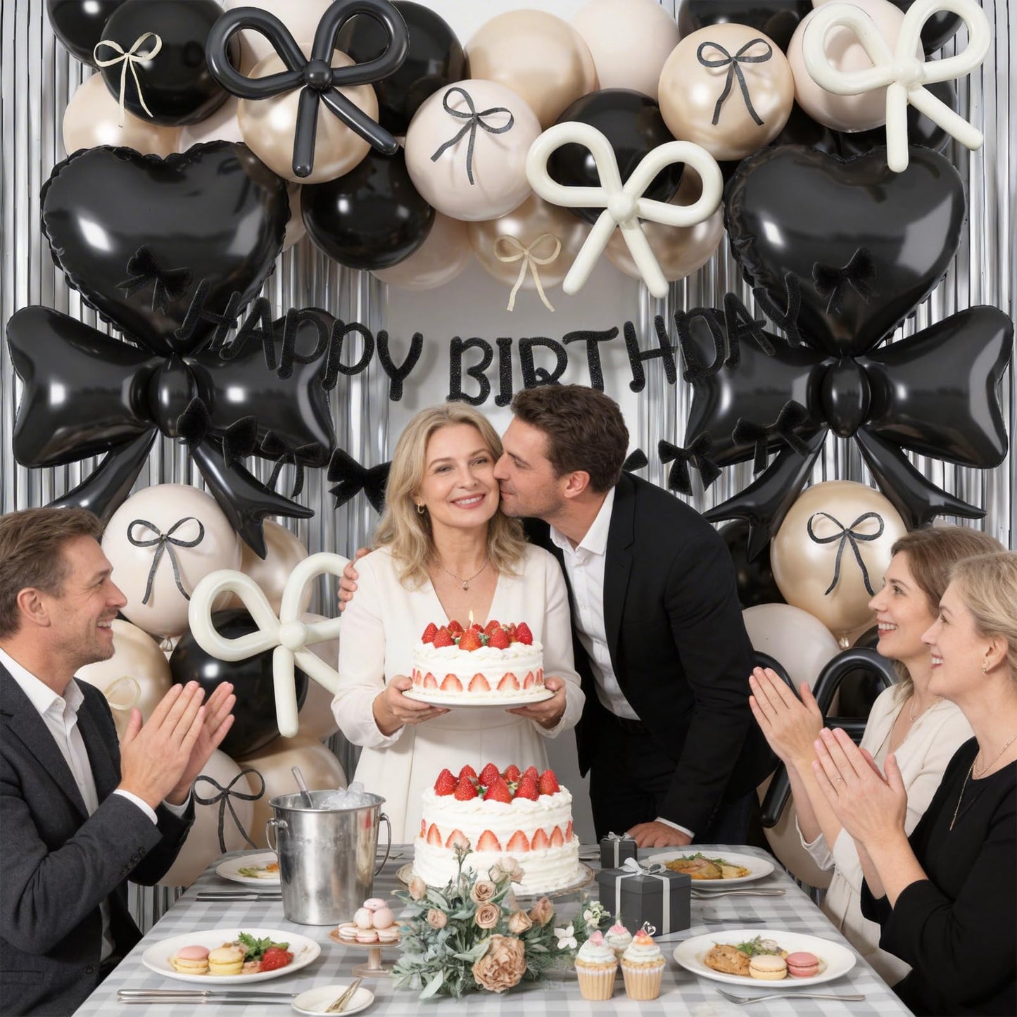 Black Bow Birthday Party Decorations, Coquette Bow Black Sand White