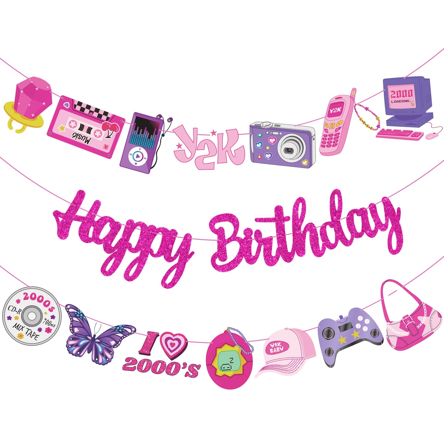 3pcs Y2K Birthday Party Banners 2000s Pink Birthday Party Decorations
