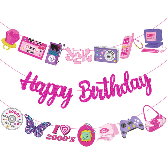 3pcs Y2K Birthday Party Banners 2000s Pink Birthday Party Decorations