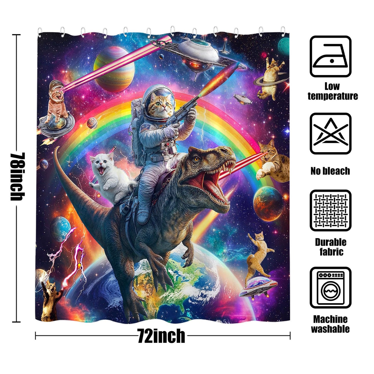 78 Inch Long Funny Cat Dinosaur Shower Curtain Fun Cool Colorful Space