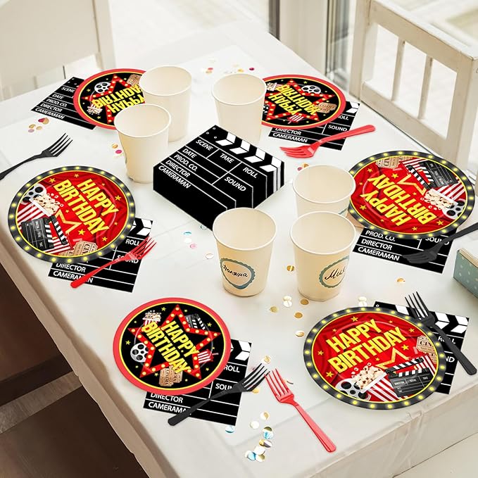 96PCS Movie Theme Birthday Party Paper Plates and Napkins Happy