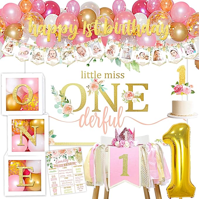 Baby Girl 1st Birthday Decorations Balloon Boxes Backdrop High Chair