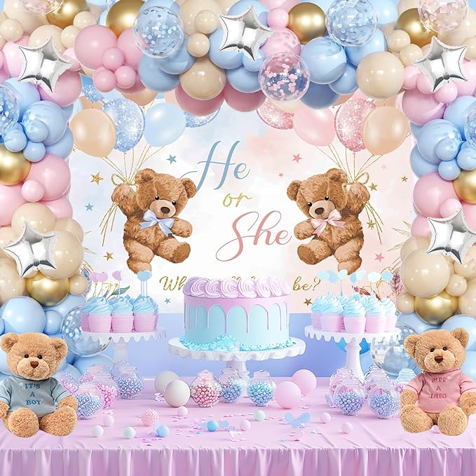 Bear Gender Reveal Balloon Boxes Decorations 158pcs Pink Blue
