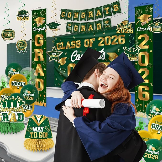 Graduation Decorations 2026 Green and Gold Graduation Party Decor Set