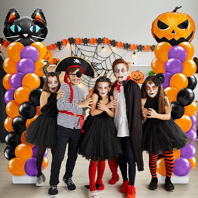 2 Set Halloween Balloon Column Stand Kit with Cat Head Scary Pumpkin