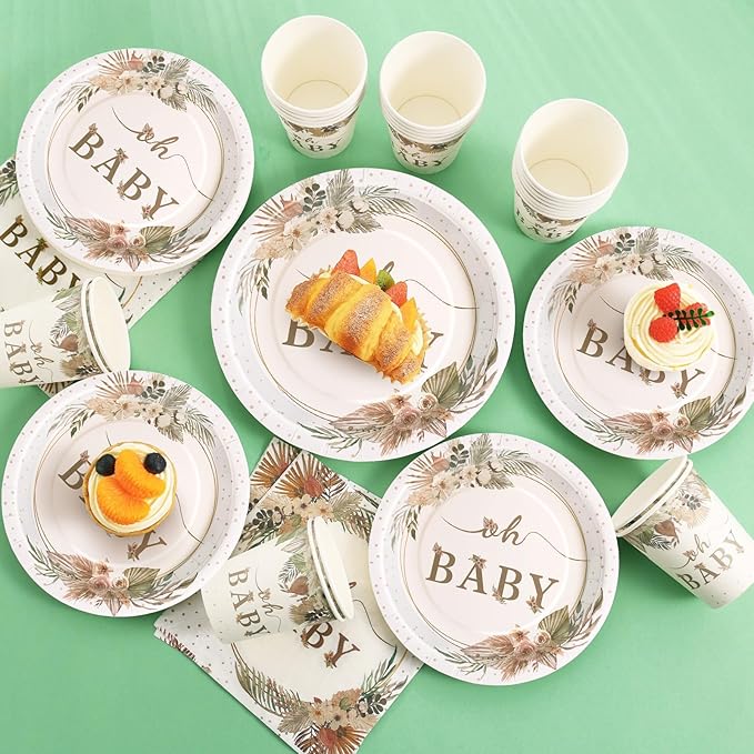 140 Pcs Boho Baby Shower Decorations for Girl, Baby Shower Plates and