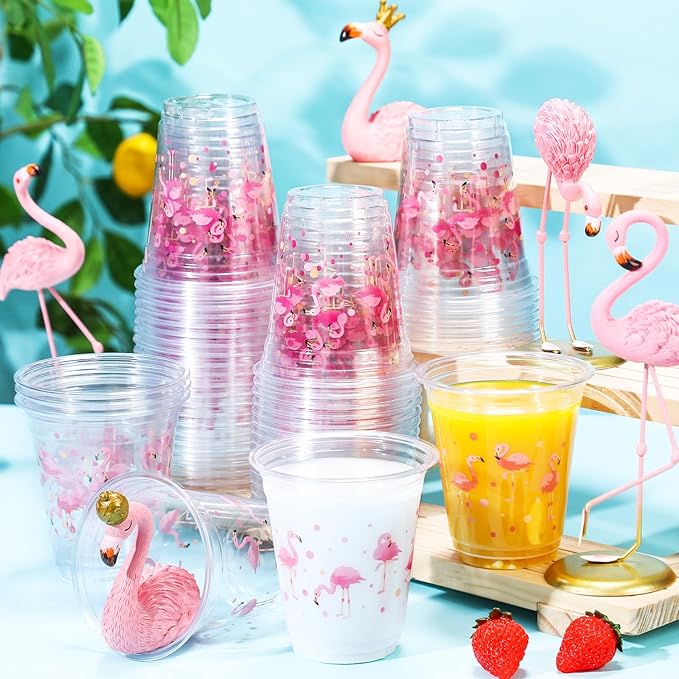 50 Pcs Flamingo Cups Bulk Hawaiian Luau Party Favor 12 oz Disposable