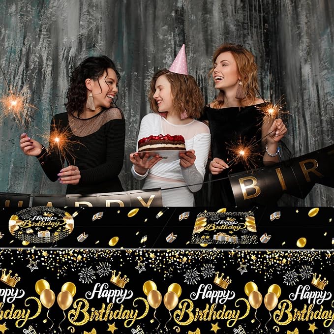 Black and Gold Party Decorations,41Pcs Happy Birthday Plates and
