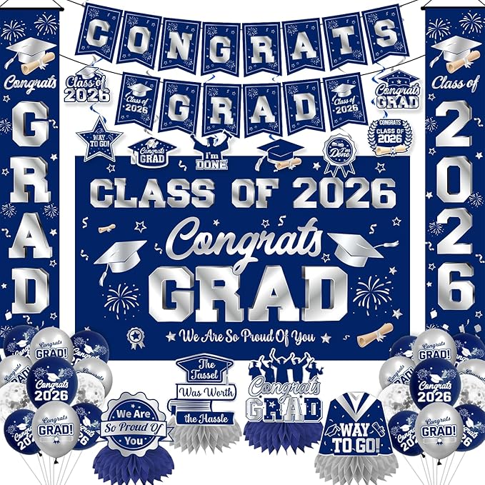 Graduation Decorations 2026 Blue and Silver Graduation Party Decor