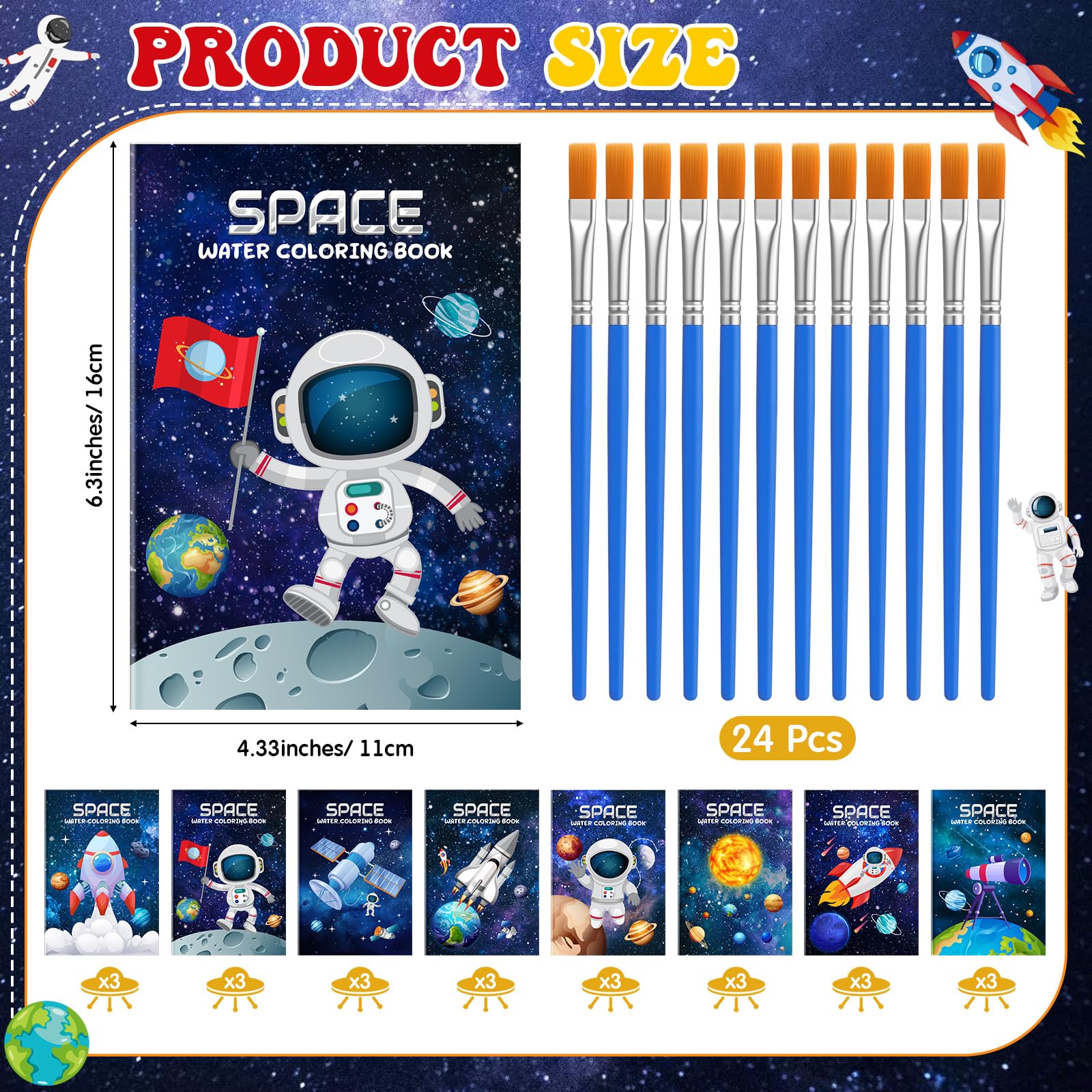 24 Pack Space Paint with Water Books for Kids, Mini Watercolor