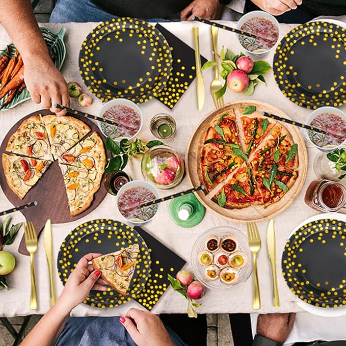 Sylken 186 Pieces Black and Gold Party Tableware Set - 25 Guests