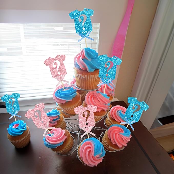 Ephlyn 24Pcs Gender Reveal Cupcake Toppers Glitter Pink Blue Bow