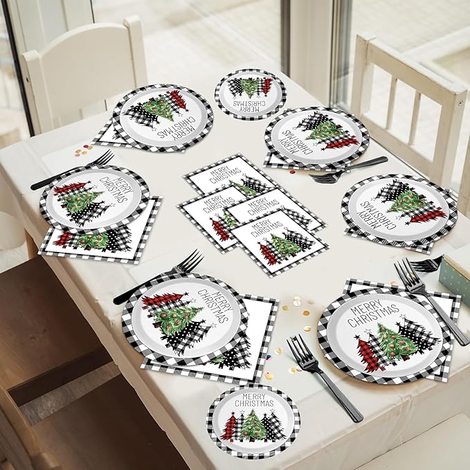 96 Pieces Buffalo Plaid Christmas Tree Tableware Set for Christmas