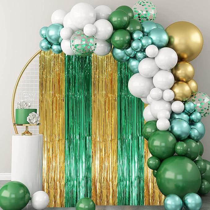 Voircoloria 3 Pack 3.3 x 8.2 ft Green and Gold Foil Fringe Backdrop