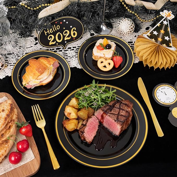 350 Pieces Black and Gold Plastic Plates with Disposable Silverware,