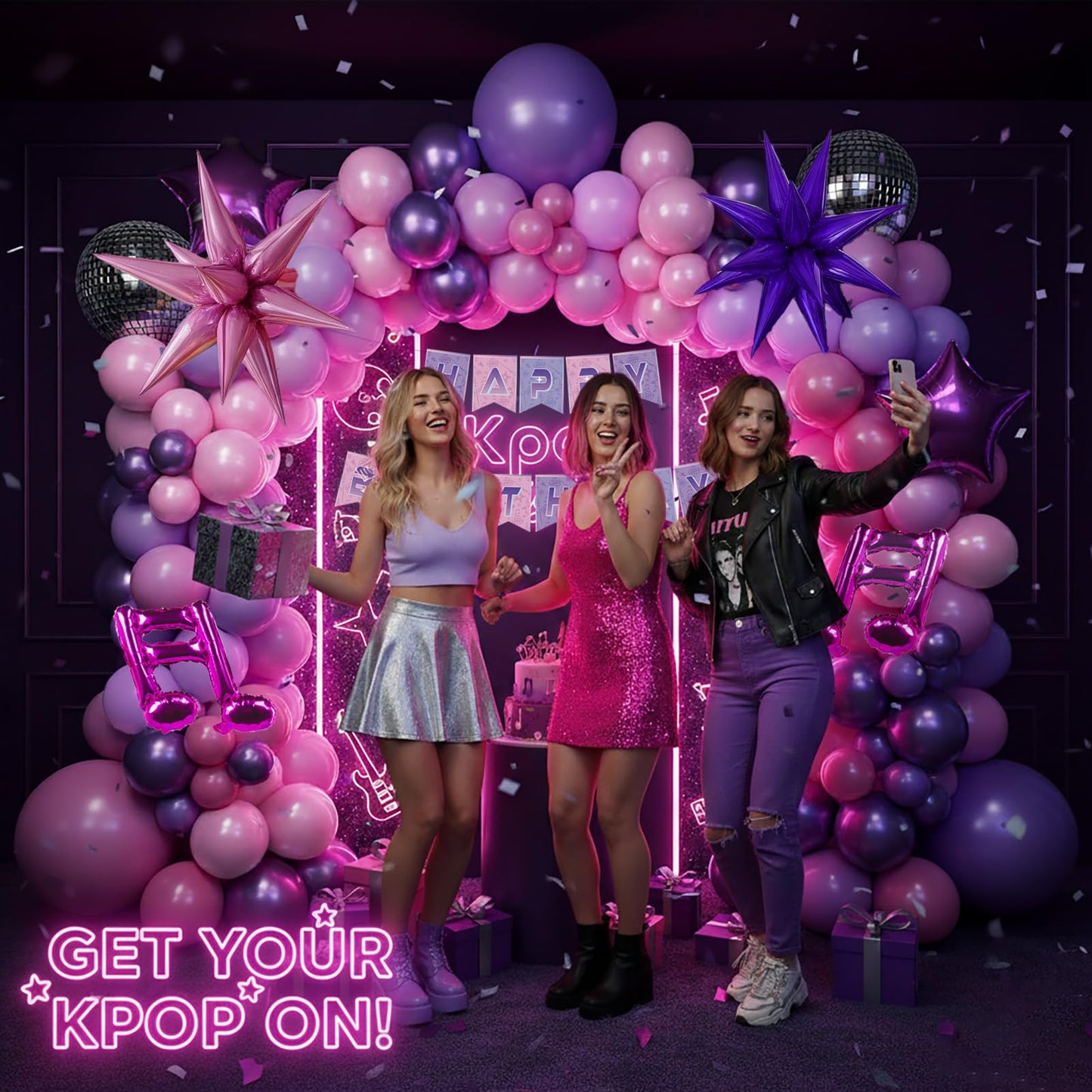 K-Pop Music themed Birthday Decorations with Hot Pink Metallic Purple
