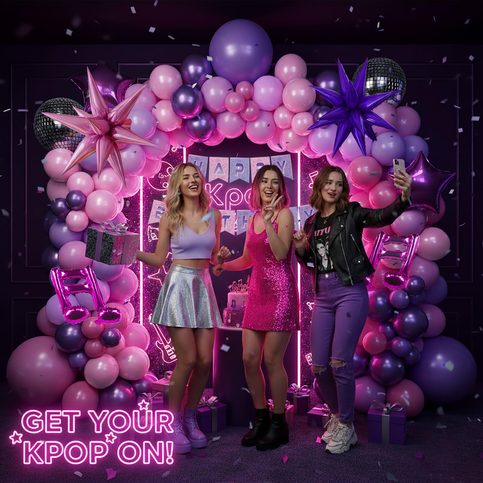 K-Pop Music themed Birthday Decorations with Hot Pink Metallic Purple