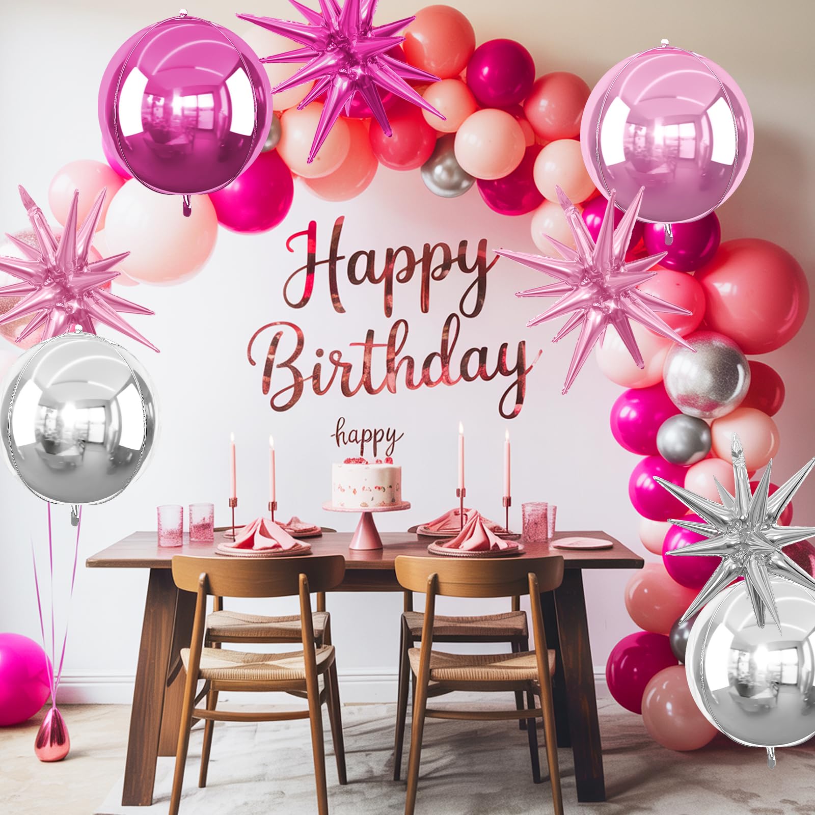6Pcs Pink Silver Foil Balloons,22Inch Hot Pink Silver 4D Round Ball