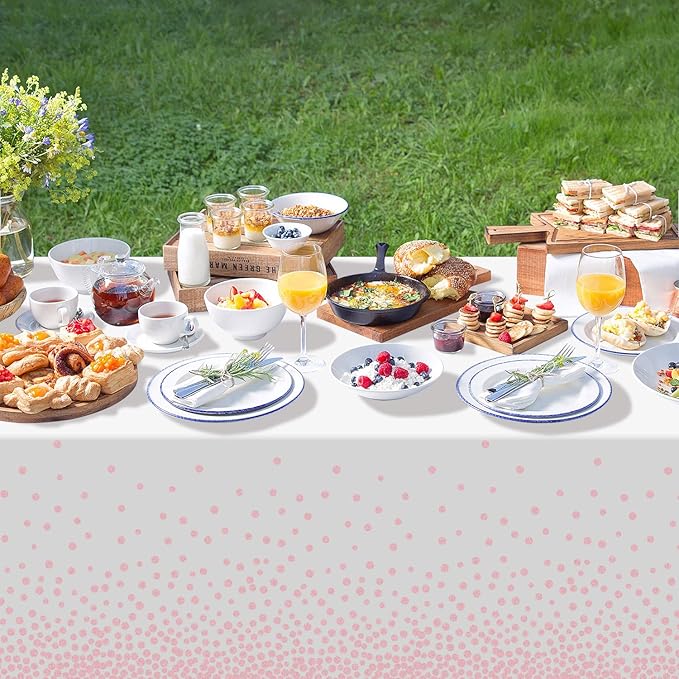 QIKSION 6 Pack White and Pink Dot Plastic Tablecloth, Waterproof