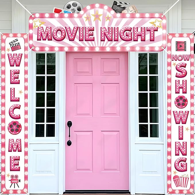 3Pcs Pink Movie Night Porch Banner Decoration Movie Theme Party