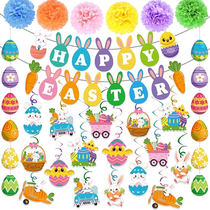 25Pcs Easter Decorations Set with Happy Easter Banner Easter Egg