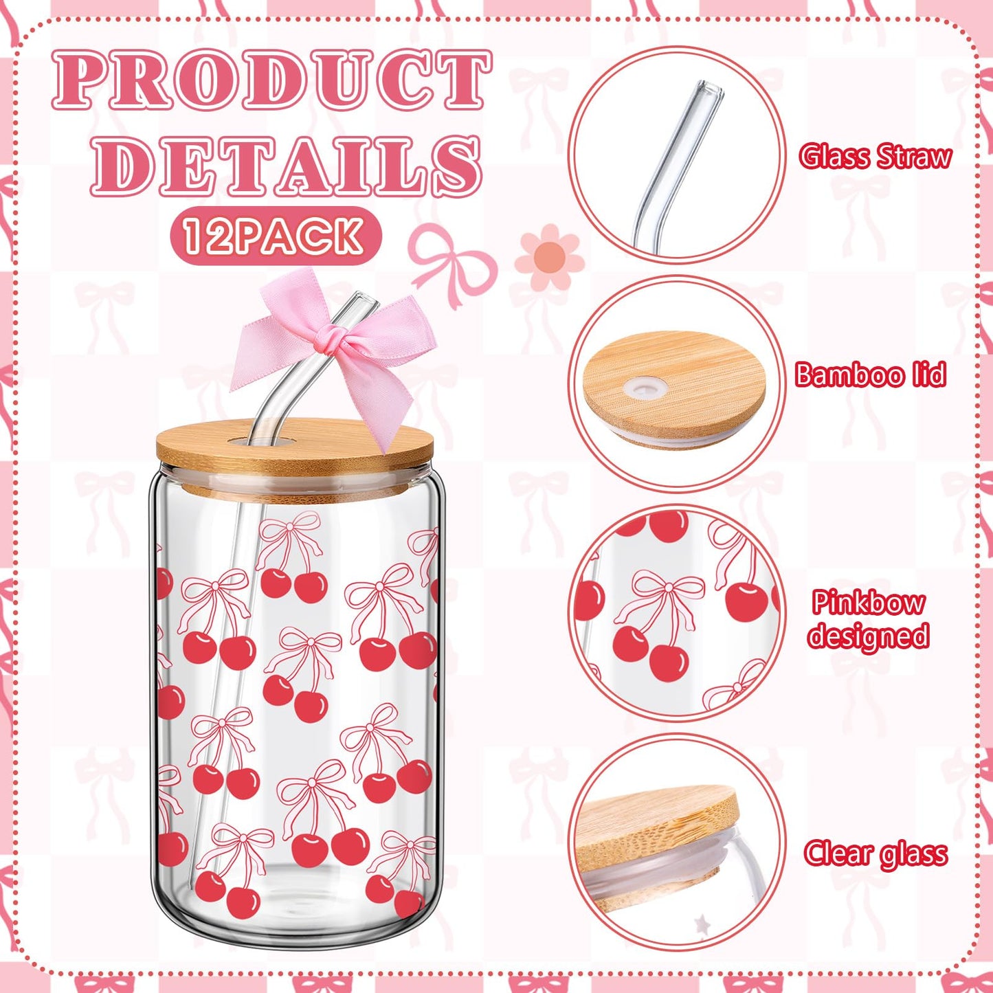 Yetene 12 Sets Mother's Day Pink Bow Glass Cups Gifts 16 oz Cute Bow